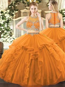 Hot Sale Orange Two Pieces Scoop Sleeveless Tulle Floor Length Zipper Beading and Ruffles Quinceanera Gowns