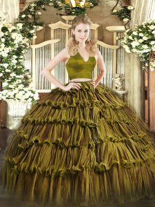 Luxurious Olive Green Organza Zipper Quinceanera Gowns Sleeveless Floor Length Ruffled Layers
