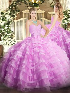 Elegant Lilac Sleeveless Floor Length Beading and Ruffled Layers Lace Up Quinceanera Dress