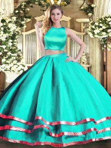 Simple Turquoise Criss Cross High-neck Ruching Quinceanera Dress Tulle Sleeveless