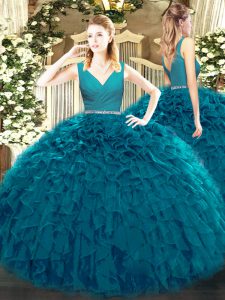 Tulle V-neck Sleeveless Zipper Beading and Ruffles Quince Ball Gowns in Teal
