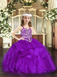 Latest Sleeveless Lace Up Floor Length Beading and Ruffles Little Girl Pageant Dress