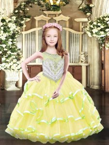 Floor Length Yellow Pageant Dress Toddler Organza Sleeveless Beading and Ruffled Layers