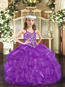 High Class Organza Sleeveless Floor Length Kids Pageant Dress and Beading