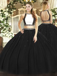 Fine Black Two Pieces Ruching Sweet 16 Dresses Backless Tulle Sleeveless Floor Length