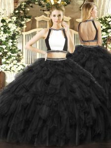 High End Black Tulle Backless Quinceanera Gown Sleeveless Floor Length Ruffles