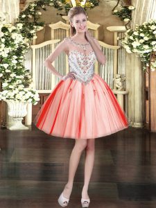 Custom Fit Scoop Sleeveless Homecoming Dress Online Mini Length Beading and Appliques Coral Red Tulle