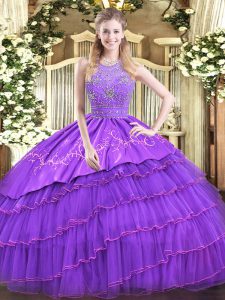 Colorful Lavender Sleeveless Floor Length Beading and Embroidery and Ruffled Layers Zipper Quinceanera Gown