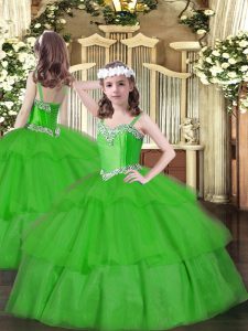 Green Straps Neckline Beading and Ruffled Layers Girls Pageant Dresses Sleeveless Lace Up