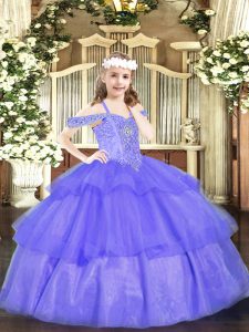 Off The Shoulder Sleeveless Lace Up Little Girl Pageant Gowns Lavender Organza