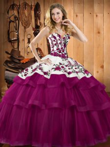 Floor Length Lace Up Vestidos de Quinceanera Fuchsia for Military Ball and Sweet 16 and Quinceanera with Embroidery