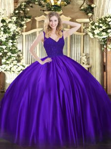 Flare Floor Length Purple 15th Birthday Dress V-neck Sleeveless Backless