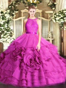 Colorful Ball Gowns 15th Birthday Dress Fuchsia Scoop Fabric With Rolling Flowers Sleeveless Floor Length Zipper