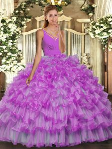 Sumptuous Lilac Ball Gowns Organza V-neck Sleeveless Beading and Ruffles Floor Length Backless Quinceanera Gowns
