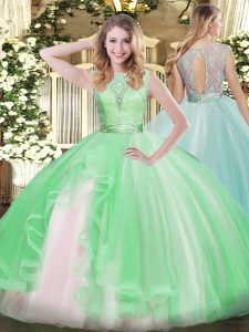 Top Selling Apple Green Scoop Neckline Lace and Ruffles Quinceanera Gown Sleeveless Backless