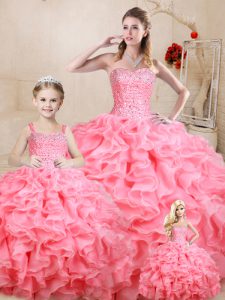 Floor Length Ball Gowns Sleeveless Watermelon Red Quinceanera Dresses Lace Up