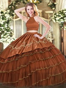 On Sale Sleeveless Organza Floor Length Backless Sweet 16 Quinceanera Dress in Brown with Beading and Embroidery and Ruf