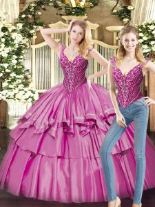 Fuchsia V-neck Neckline Beading and Ruffled Layers Quinceanera Gowns Sleeveless Lace Up