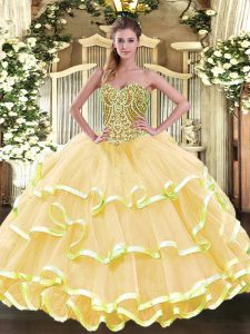 Shining Beading and Ruffled Layers 15th Birthday Dress Gold Lace Up Sleeveless Floor Length