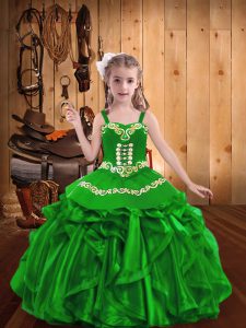 Customized Green Ball Gowns Straps Sleeveless Organza Floor Length Lace Up Embroidery and Ruffles Kids Formal Wear