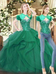 Custom Design Dark Green Lace Up Sweetheart Beading and Ruffles Quince Ball Gowns Tulle Sleeveless
