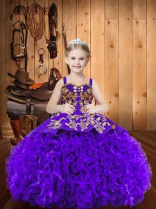 Purple Ball Gowns Fabric With Rolling Flowers Straps Sleeveless Embroidery Lace Up Little Girl Pageant Gowns Brush Train