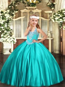 Turquoise Ball Gowns Beading Little Girl Pageant Dress Lace Up Satin Sleeveless Floor Length