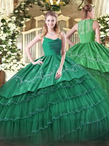 Dark Green Ball Gowns Straps Sleeveless Organza and Taffeta Floor Length Zipper Embroidery and Ruffled Layers Quinceaner