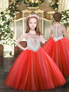Coral Red Ball Gowns Scoop Sleeveless Tulle Floor Length Zipper Beading Little Girls Pageant Gowns