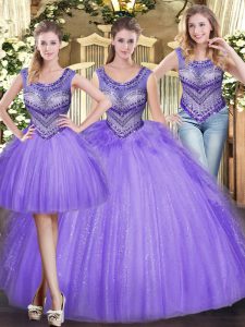 High Class Lavender Tulle Lace Up Scoop Sleeveless Floor Length 15th Birthday Dress Beading and Ruffles