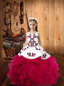 Unique Fuchsia Ball Gowns Organza Straps Sleeveless Embroidery and Ruffles Floor Length Lace Up Kids Pageant Dress