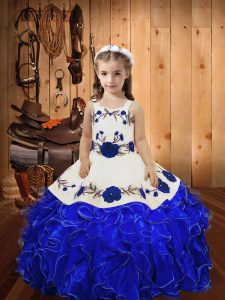 New Style Floor Length Royal Blue Little Girls Pageant Dress Wholesale Straps Sleeveless Lace Up