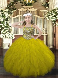 Elegant Tulle Sleeveless Floor Length Winning Pageant Gowns and Beading and Ruffles