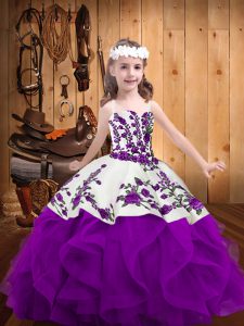 Simple Sleeveless Lace Up Floor Length Embroidery and Ruffles Child Pageant Dress