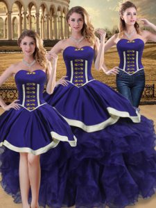 Purple Ball Gowns Sweetheart Sleeveless Organza Floor Length Lace Up Beading and Ruffles Quinceanera Dress