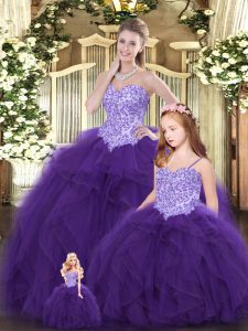 Eggplant Purple Lace Up Ball Gown Prom Dress Beading and Ruffles Sleeveless Floor Length