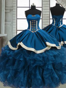 Blue Sweetheart Neckline Beading and Ruffles Ball Gown Prom Dress Sleeveless Lace Up