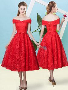 Nice Red Off The Shoulder Lace Up Bowknot Bridesmaids Dress Cap Sleeves