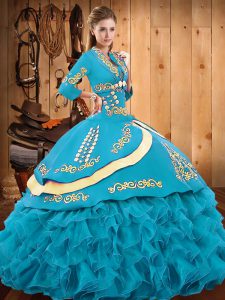 Sleeveless Organza and Taffeta Floor Length Lace Up 15th Birthday Dress in Teal with Embroidery and Ruffled Layers