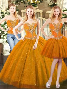 Trendy Orange Red Vestidos de Quinceanera Military Ball and Sweet 16 and Quinceanera with Beading Sweetheart Sleeveless 