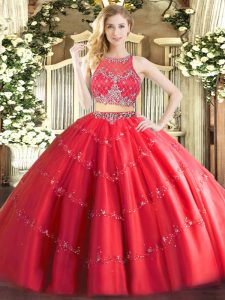 Suitable Red Two Pieces Tulle Scoop Sleeveless Beading Floor Length Zipper Quinceanera Gowns