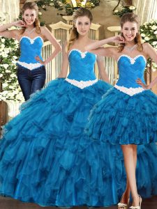 Teal Tulle Lace Up Sweetheart Sleeveless Floor Length Quinceanera Gowns Ruffles