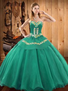 Turquoise Sleeveless Satin and Tulle Lace Up Ball Gown Prom Dress for Military Ball and Sweet 16 and Quinceanera