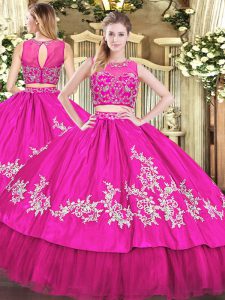 Vintage Scoop Sleeveless Quinceanera Gown Floor Length Beading and Appliques Hot Pink Tulle