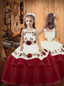 Wine Red Ball Gowns Organza Straps Sleeveless Embroidery and Ruffled Layers Floor Length Lace Up Little Girls Pageant Dr