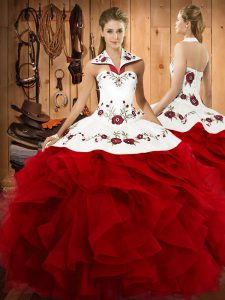 Pretty Wine Red Ball Gowns Tulle Halter Top Sleeveless Embroidery and Ruffles Floor Length Lace Up Quince Ball Gowns