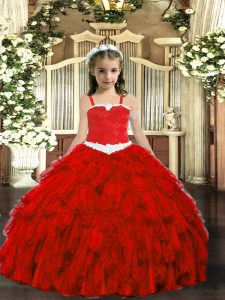 Stylish Sleeveless Organza Floor Length Lace Up Girls Pageant Dresses in Wine Red with Appliques and Ruffles