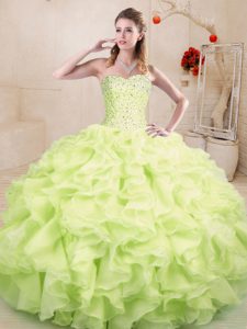 Top Selling Floor Length Yellow Green 15th Birthday Dress Sweetheart Sleeveless Lace Up