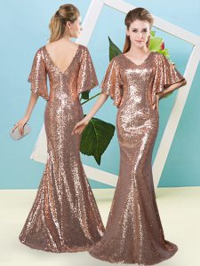 Edgy Floor Length Brown Prom Party Dress Sequined Half Sleeves Sequins