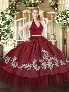 Burgundy Ball Gown Prom Dress Military Ball and Sweet 16 and Quinceanera with Appliques Halter Top Sleeveless Zipper